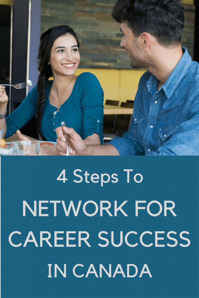 Image of two people sitting in a cafe, chatting. The text on the image says: 4 steps to network for career success.